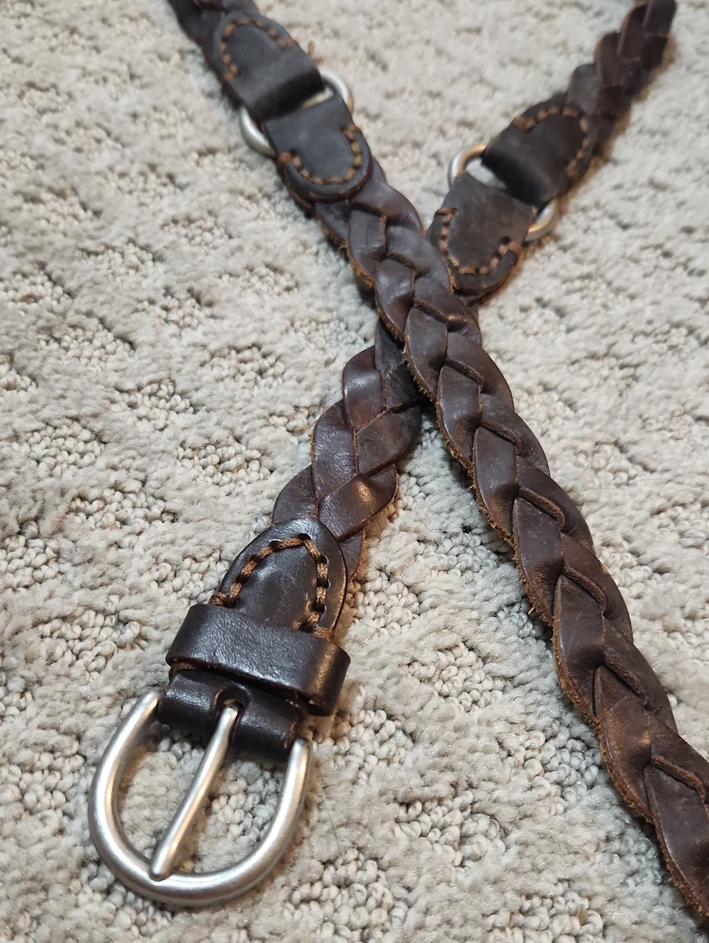 Braided Brown Leather Belt With Silver Tone Buckle & Harness Style Rings Large